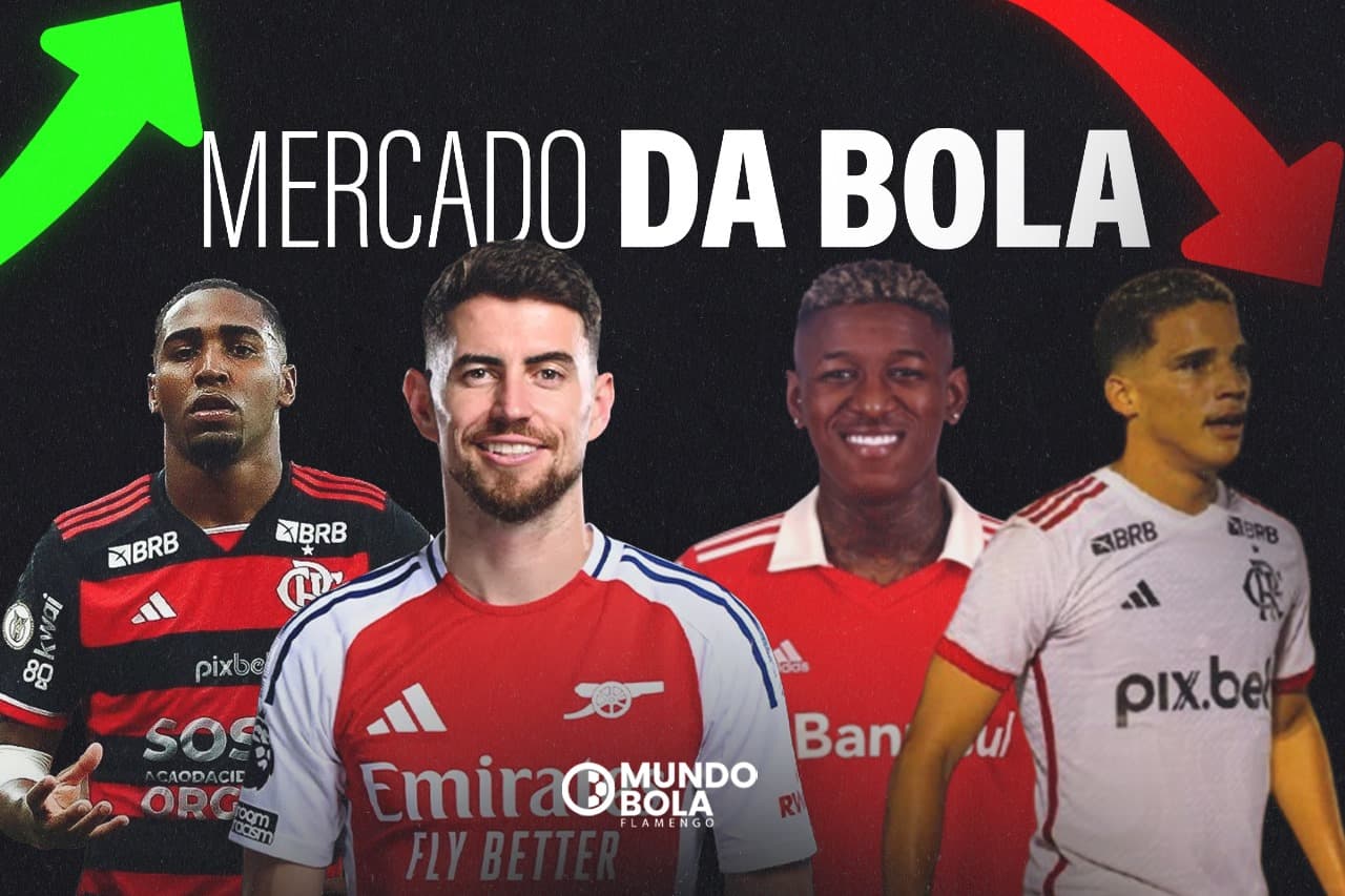 montagem com jogadores da esquerda pra direita. lorran do flamengo, jorginho do arsenal, vitão do internacional e thiaguinho ex-flamengo. acima, os dizeres mercado da bola e ao lado esquerdo, uma seta verde, e no direito uma seta vermelha