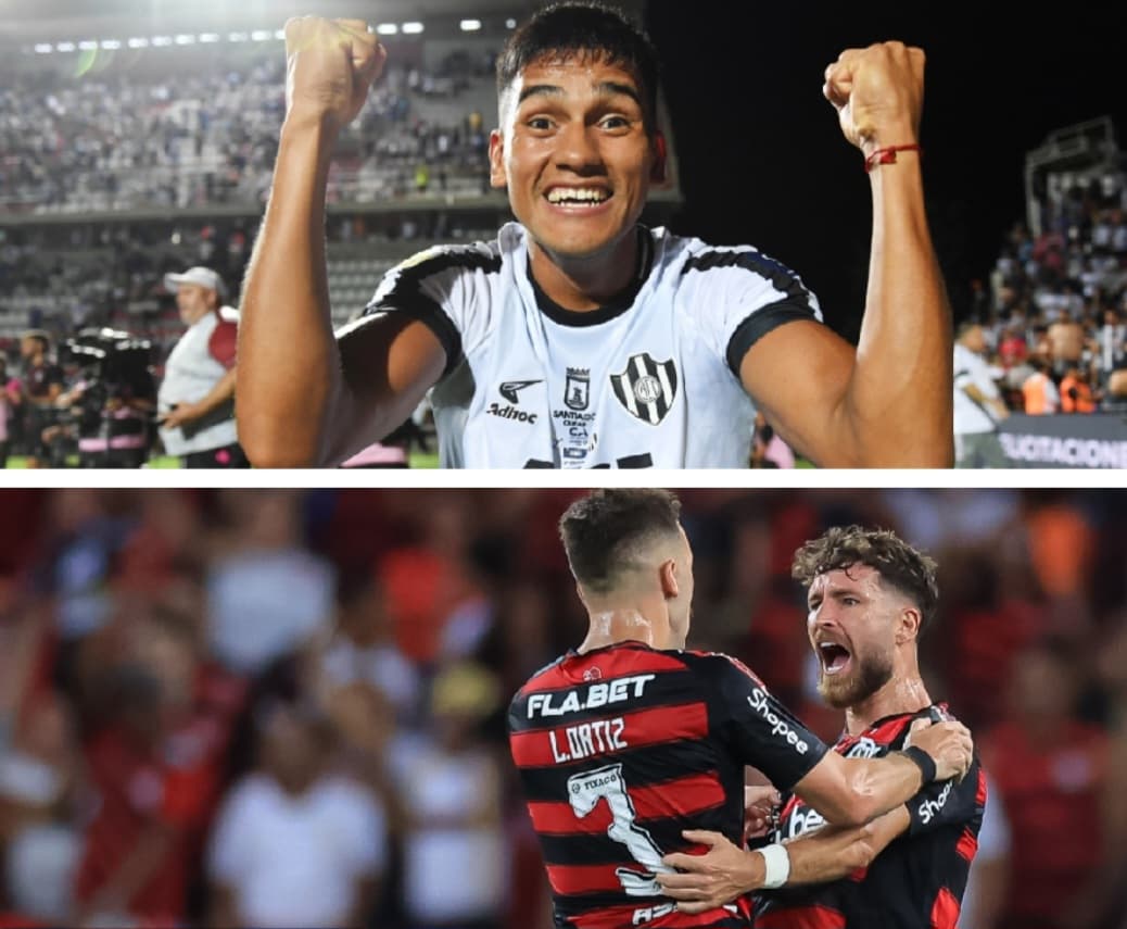 Léo Pereira e Léo Ortiz abaixo de jogador do Central Córdoba