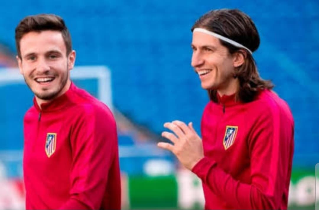 Saúl e Filipe Luís em treino no Atlético de Madrid
