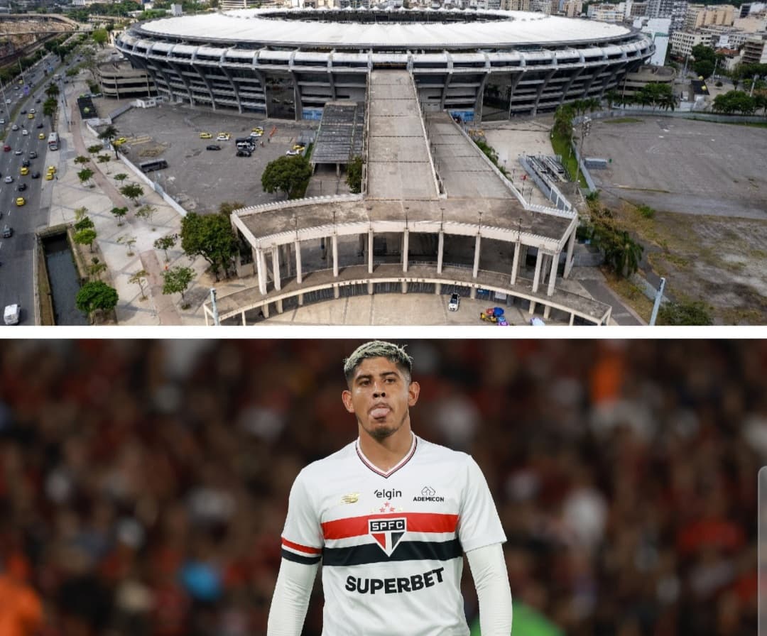 Acima, estádio do Maracanã, e abaixo, jogador do São Paulo