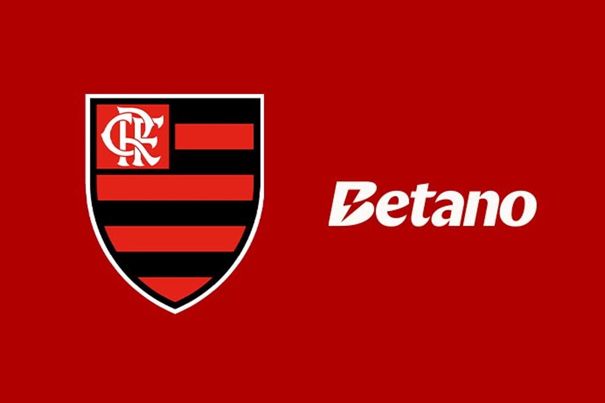 Montagem em fundo vermelho com o escudo do Flamengo ao lado da logo da Betano