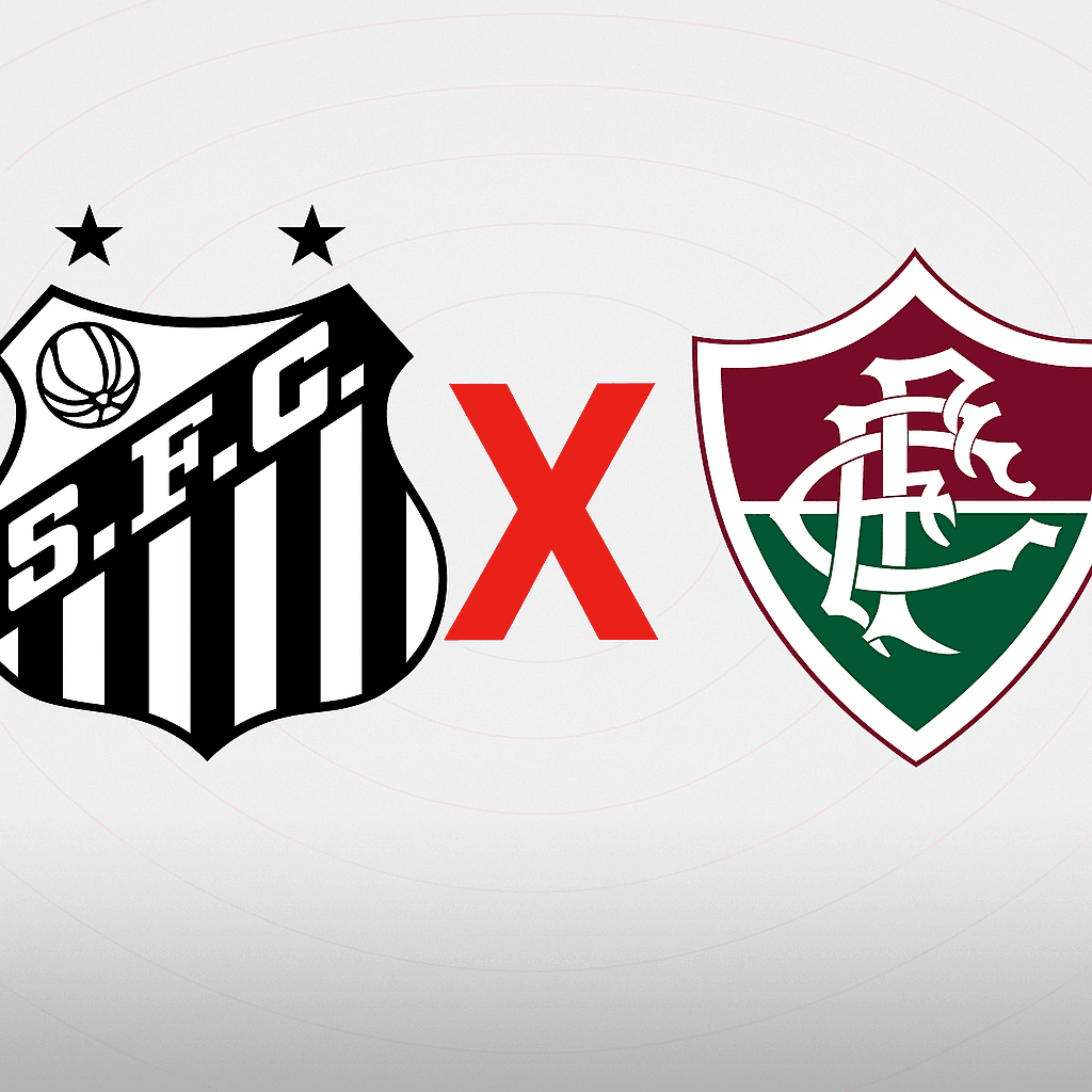 Escudos de Santos e Fluminense lado a lado com um "X" vermelho ao centro, em fundo claro com círculos concêntricos.