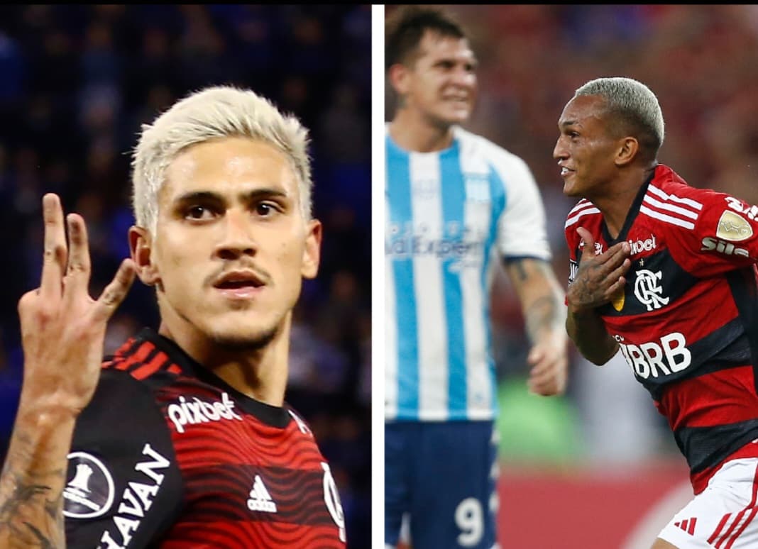 Pedro comemora terceiro gol contra o Vélez Sarsfield fazendo o número 3 com a mão na semifinal da Libertadores 2022; Wesley também marcou contra o Racing e comemora em 2023 com o jogador argentino lamentando ao fundo