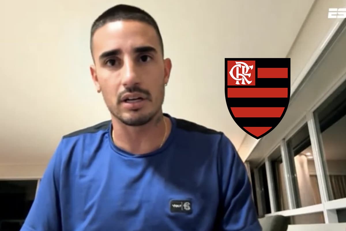 Montagem com o jogador Thiago Galhardo durante entrevista à ESPN com o escudo do Flamengo ao lado
