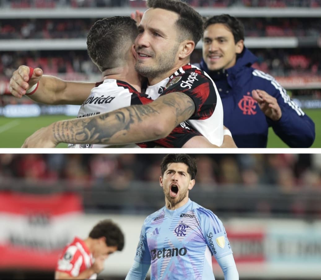 Acima, Saúl e Jorginho se abraçam; abaixo, Rossi comemora classificação do flamengo sobre estudiantes