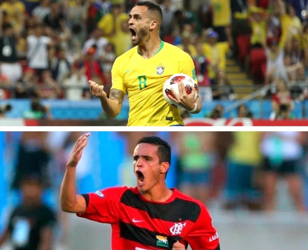 Renato Augusto comemora gol por Seleção Brasileira e Flamengo em moldura de duas fotos