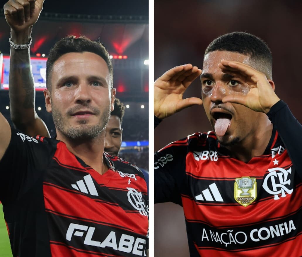Saúl na apresentação com Emerson Royal e Samuel Lino comemorando primeiro gol pelo Flamengo