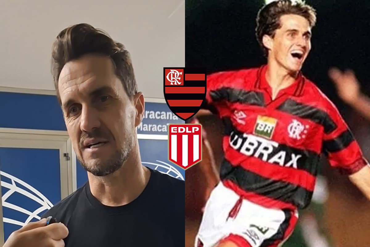 Montagem de trecho de entrevista com Sávio no Maracanã, ao lado de uma foto do mesmo jogando pelo Flamengo na década de 90 com a camisa rubro-negra. No centro da imagem, os escudos de Flamengo e Estudiantes-ARG