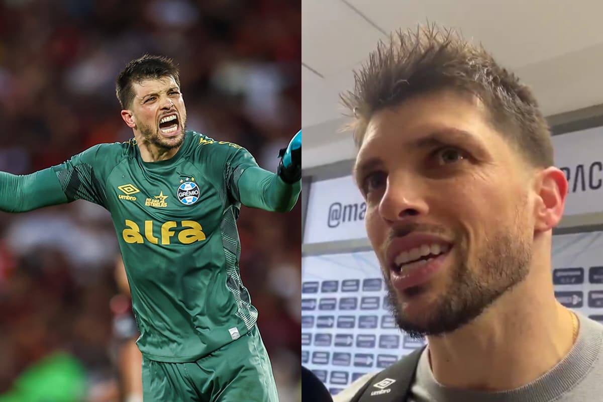 Montagem com Volpi comemorando gol contra Flamengo (esquerda) e falando com a imprensa na zona mista (direita).