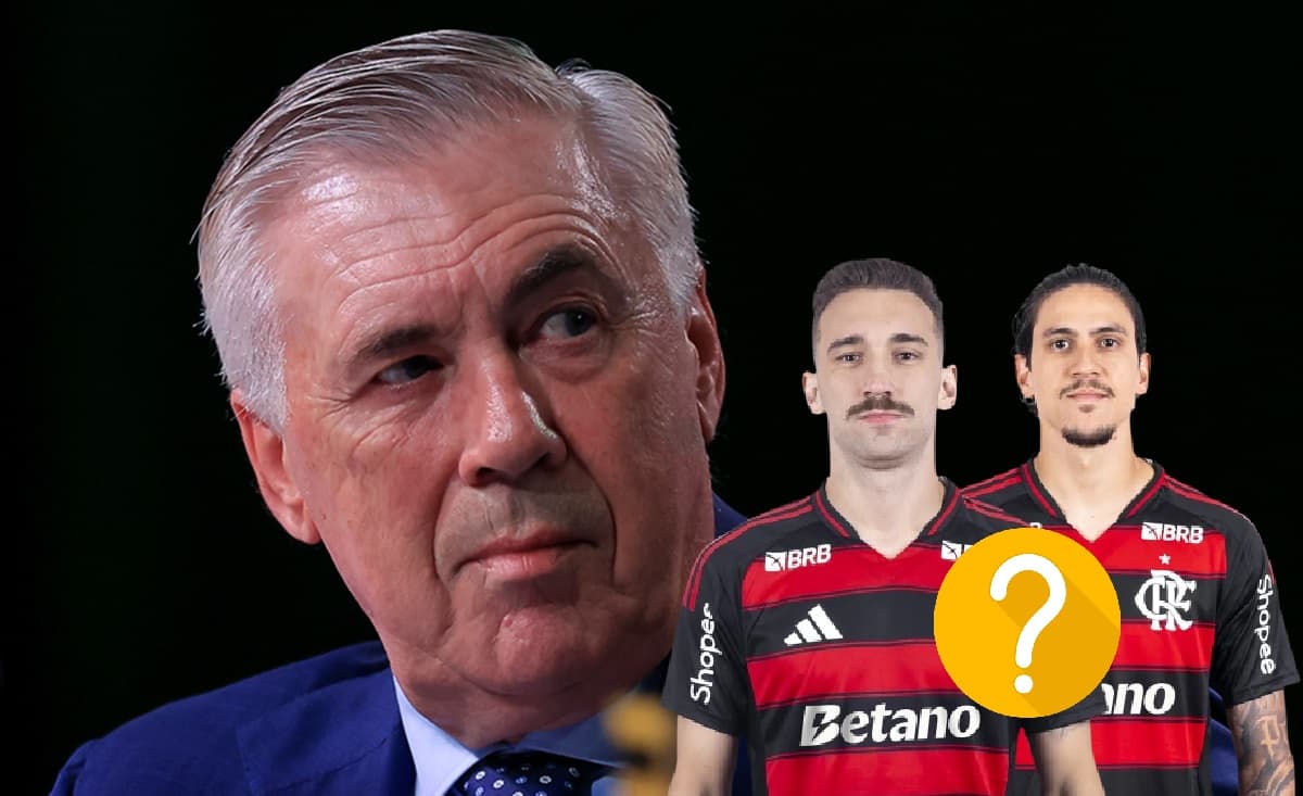 Ancelotti em convocação do Brasil; fotos de Léo Ortiz e Pedro e ponto de interrogação