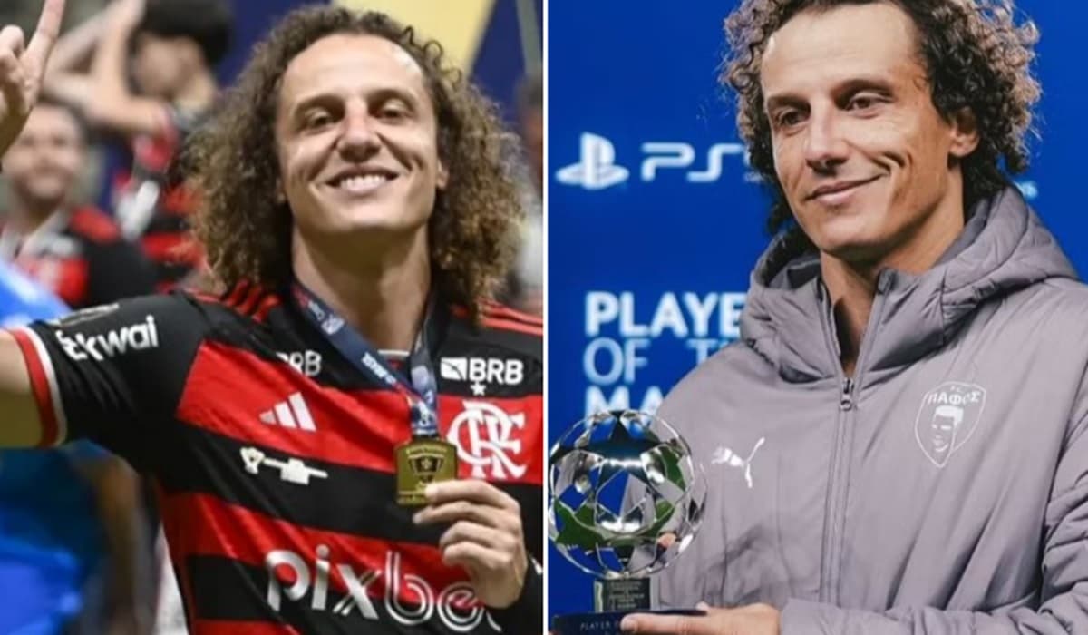 David Luiz recebendo medalha pelo Flamengo; exibindo prêmio da Uefa
