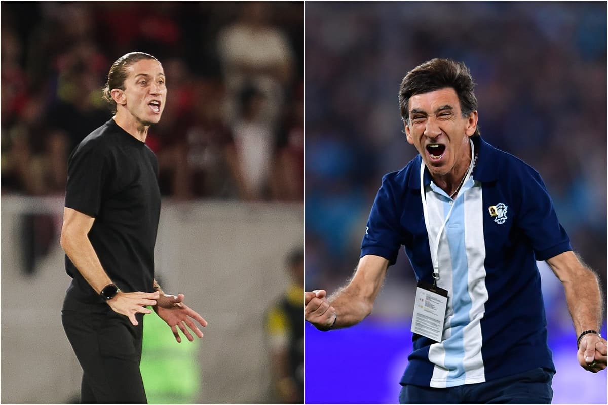 Montagem de Filipe Luís e Gustavo Costas, treinadores de Flamengo e Racing, sereno e vibrante respectivamente