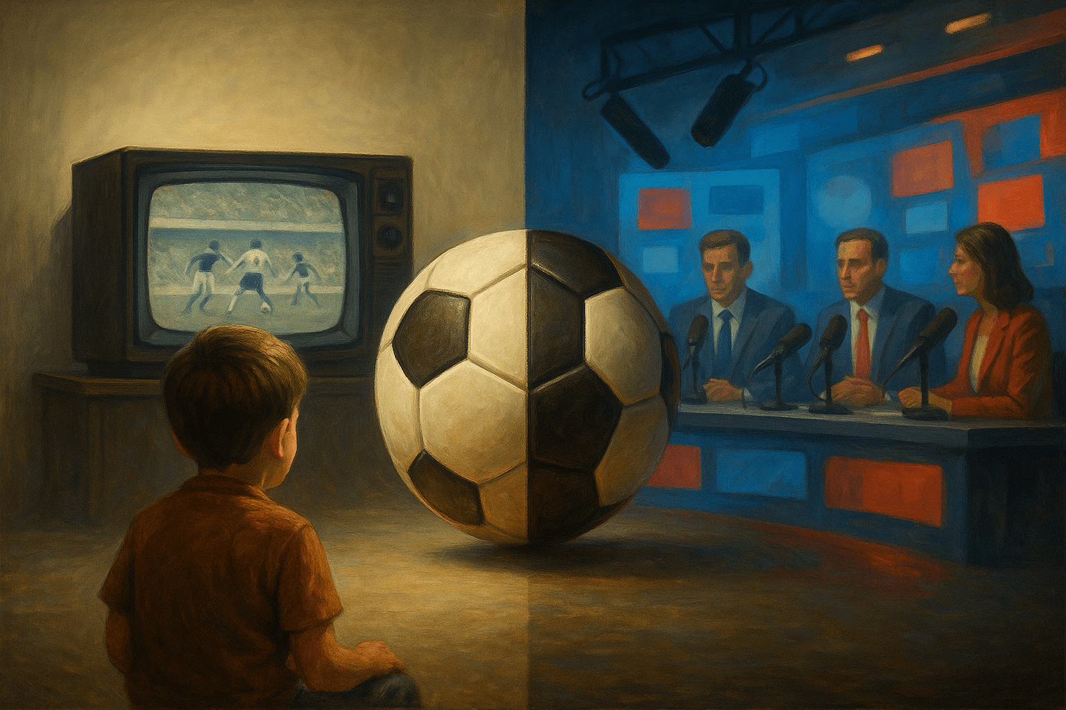 Criança assistindo a jogo antigo em TV de tubo enquanto, ao lado, comentaristas falam em estúdio moderno — representação visual do contraste entre o futebol de antigamente e o jornalismo esportivo atual.