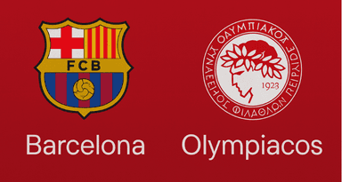 Escudos de Barcelona e Olympiakos em arte promocional da Champions League, com destaque para onde assistir e odds do confronto.