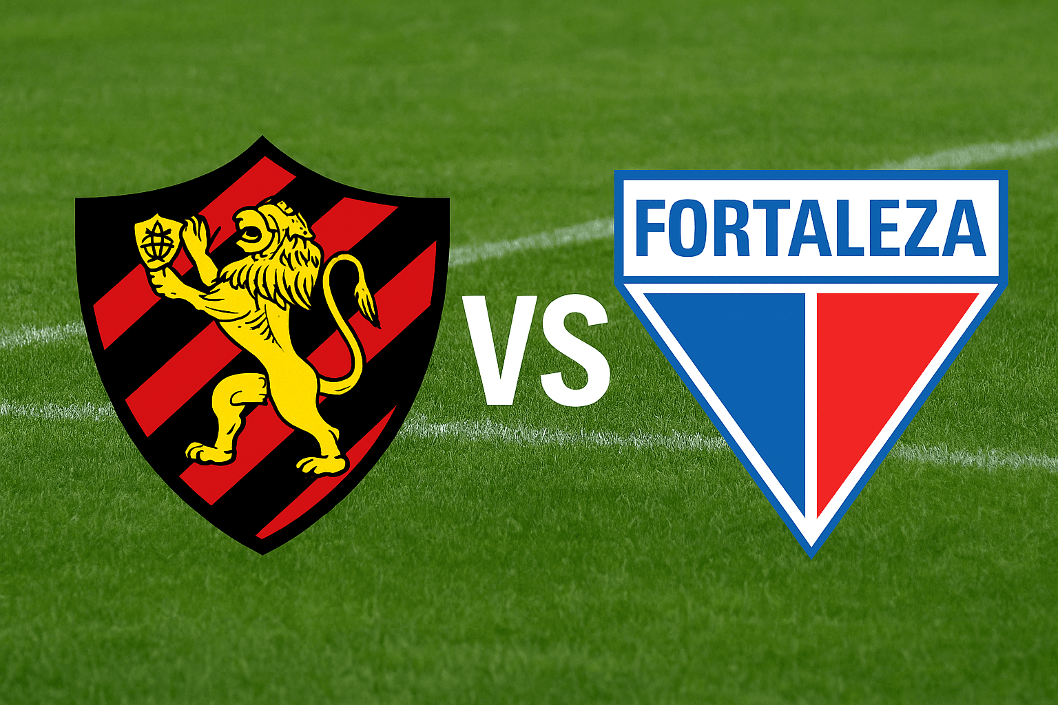 Escudos de Sport Recife e Fortaleza lado a lado com fundo de campo de futebol para matéria de onde assistir ao duelo pela Copa Maria Bonita Betnacional 2025