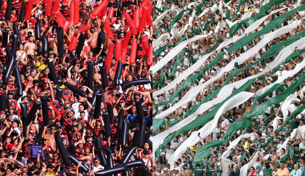 Torcedores do Flamengo levantam balões rubro-negros (esquerda); torcedores do Palmeiras agitam faixas alviverdes (esquerda)