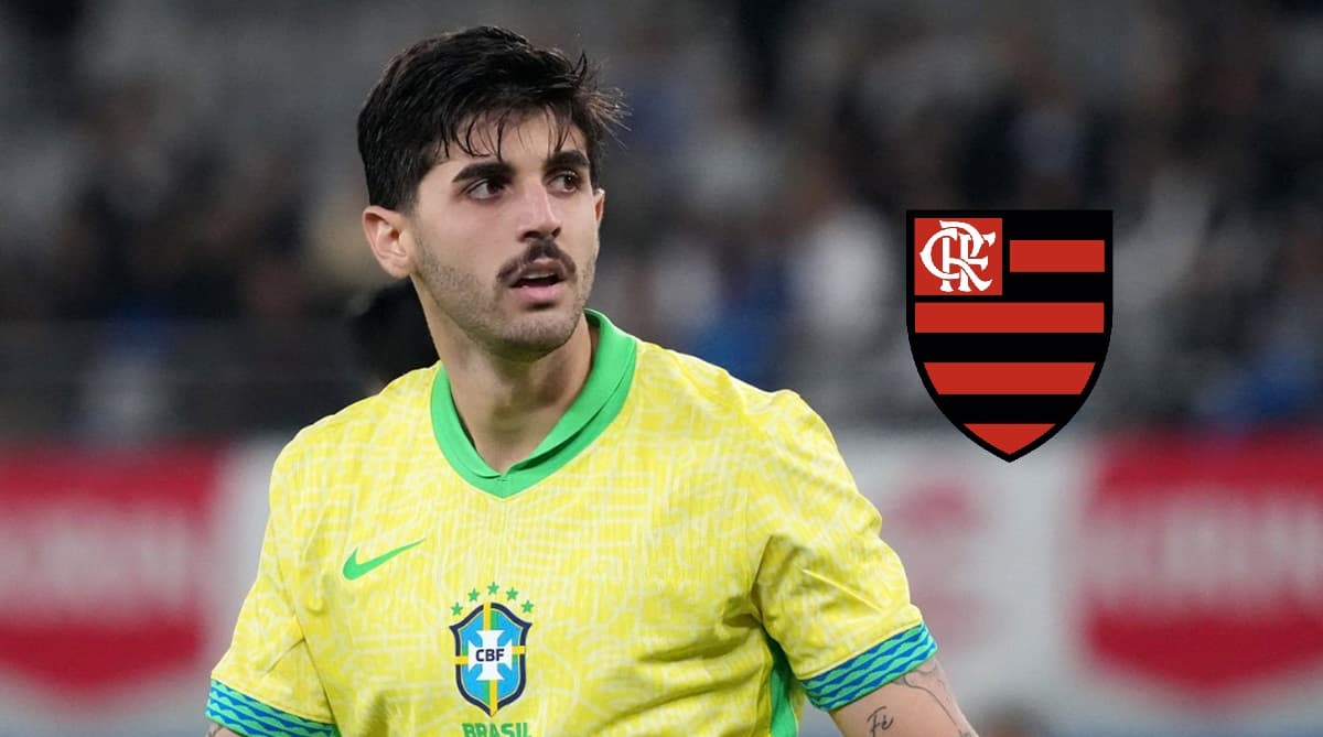 Zagueiro Beraldo do PSG em ação pelo Brasil; escudo do Flamengo