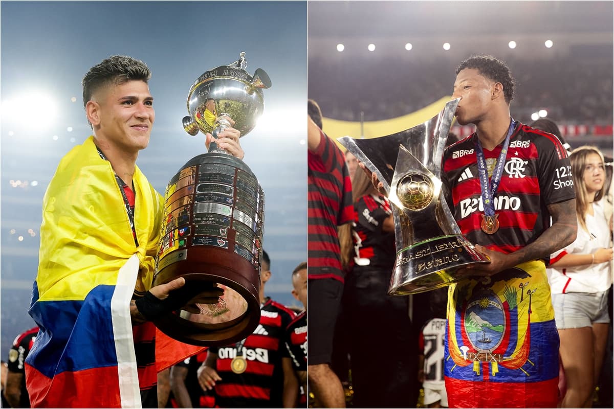 Montagem com Carrascal posando com troféu da Libertadores envolto na bandeira da Colômbia e Plata, envolto na bandeira do Equador, beijando troféu do Brasileirão