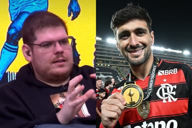 Montagem de Casimiro Miguel durante programa da CazéTV e Arrascaeta com a medalha de campeão da Libertadores 2025 pelo Flamengo