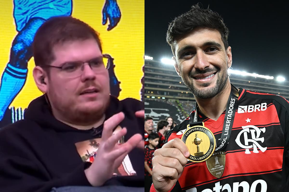 Montagem de Casimiro Miguel durante programa da CazéTV e Arrascaeta com a medalha de campeão da Libertadores 2025 pelo Flamengo