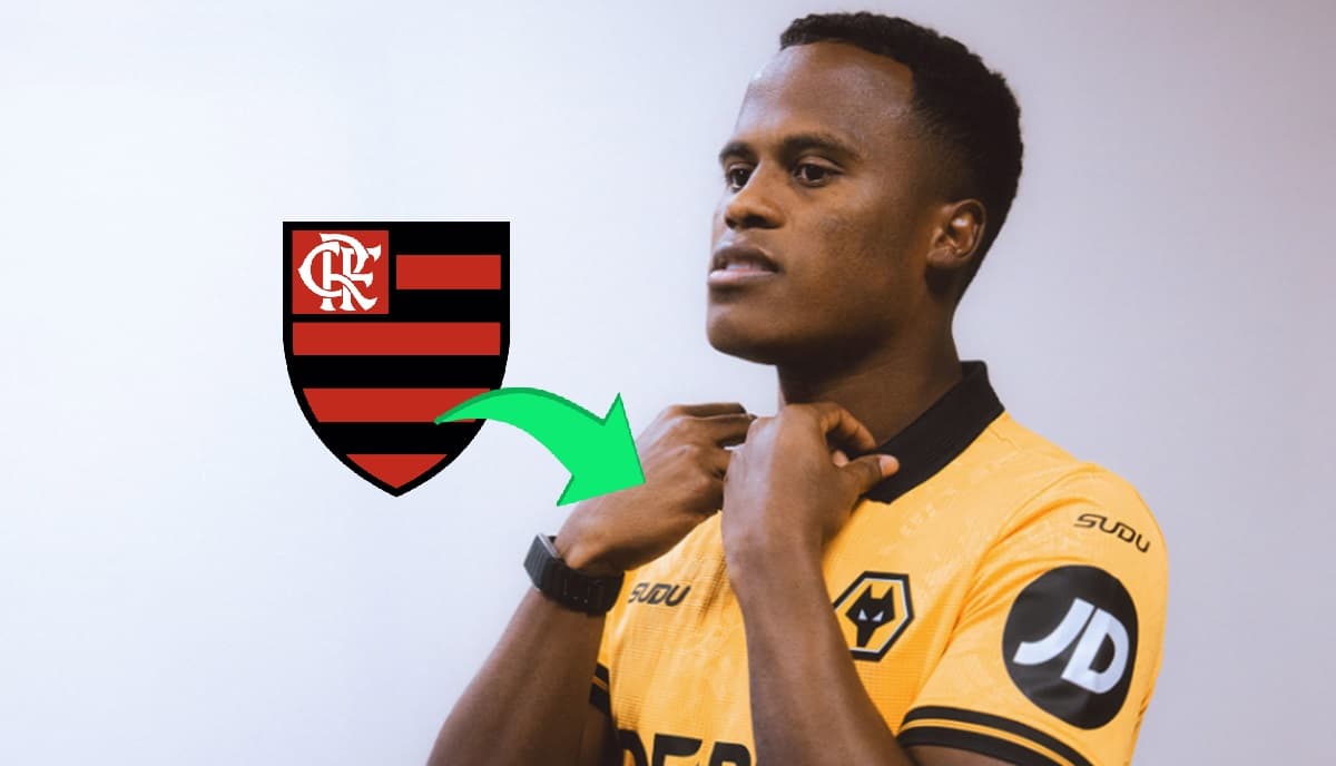 Jhon Arias com a camisa do Wolverhampton; escudo do Flamengo