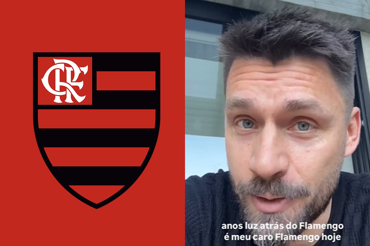 Montagem do escudo do Flamengo ao lado de um trecho de Rafael Sobis falando sobre o momento do Flamengo no futebol brasileiro
