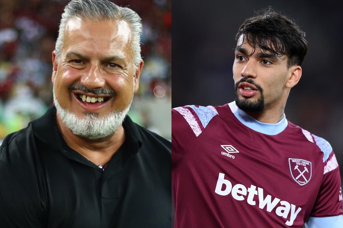 Boto, diretor do Flamengo, ao lado de Lucas Paquetá, pelo West Ham, em montagem