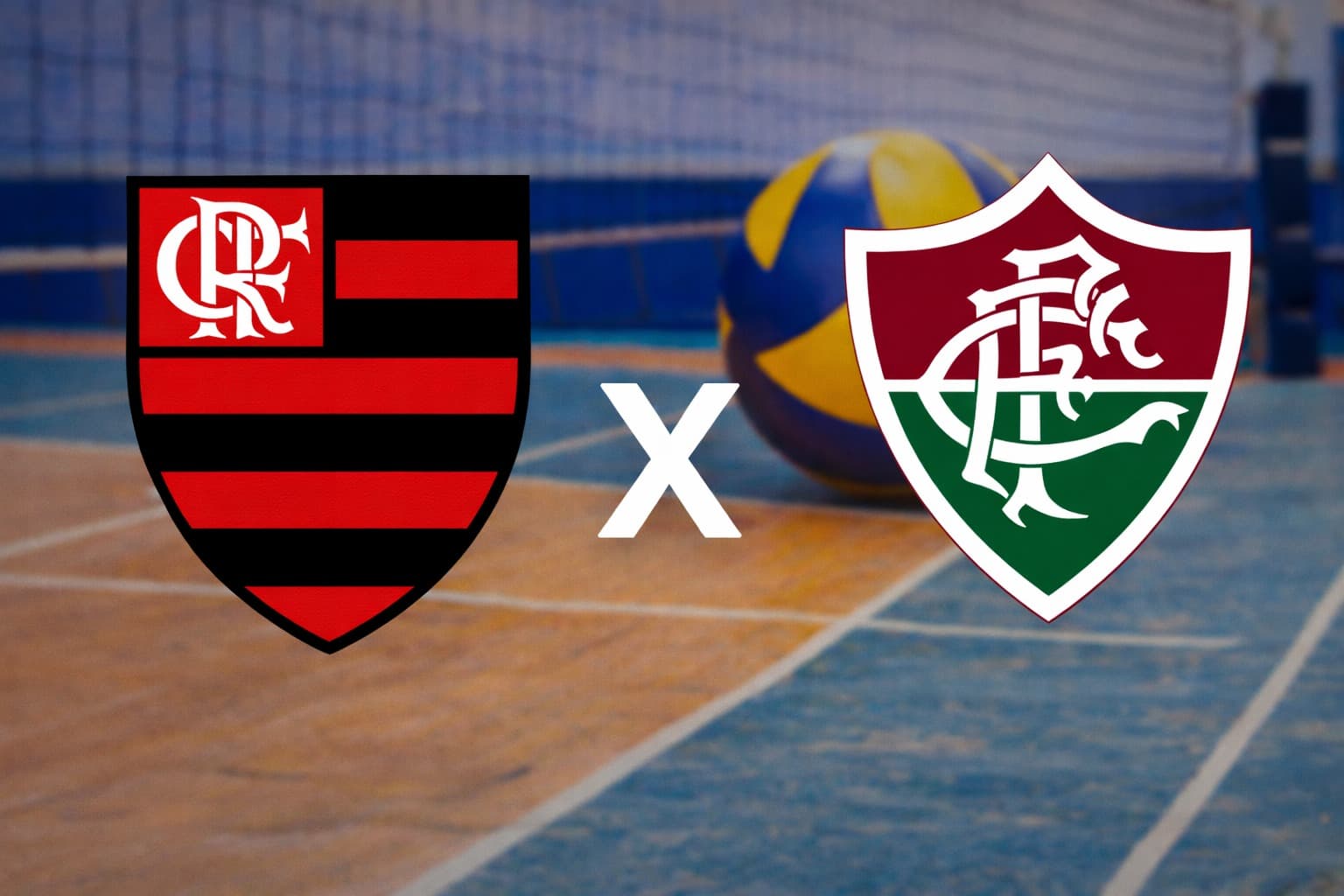 Escudos de Flamengo e Fluminense separados por um X, com quadra de vôlei ao fundo, representando o clássico carioca da Superliga Feminina.