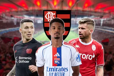 Montagem com Grimaldo (Bayer Leverkusen), Abner (Lyon) e Caio Henrique (Monaco) lado a lado. Atrás dos jogadores, o escudo Flamengo e o Maracanã durante uma partida do clube