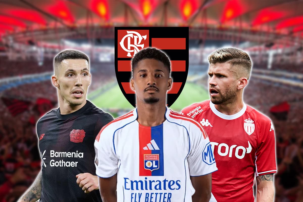 Montagem com Grimaldo (Bayer Leverkusen), Abner (Lyon) e Caio Henrique (Monaco) lado a lado. Atrás dos jogadores, o escudo Flamengo e o Maracanã durante uma partida do clube