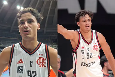 Gueiros, do Flamengo, durante entrevista na zona mista e atuando durante Flamengo x Corinthians, no Maracanãzinho