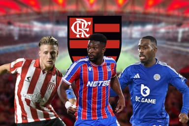 Montagem com Santiago Ascacíbar, Boubakary Soumaré e Jefferson Lerma. Ao fundo, o Maracanã durante uma partida do Flamengo e o escudo do Rubro-Negro