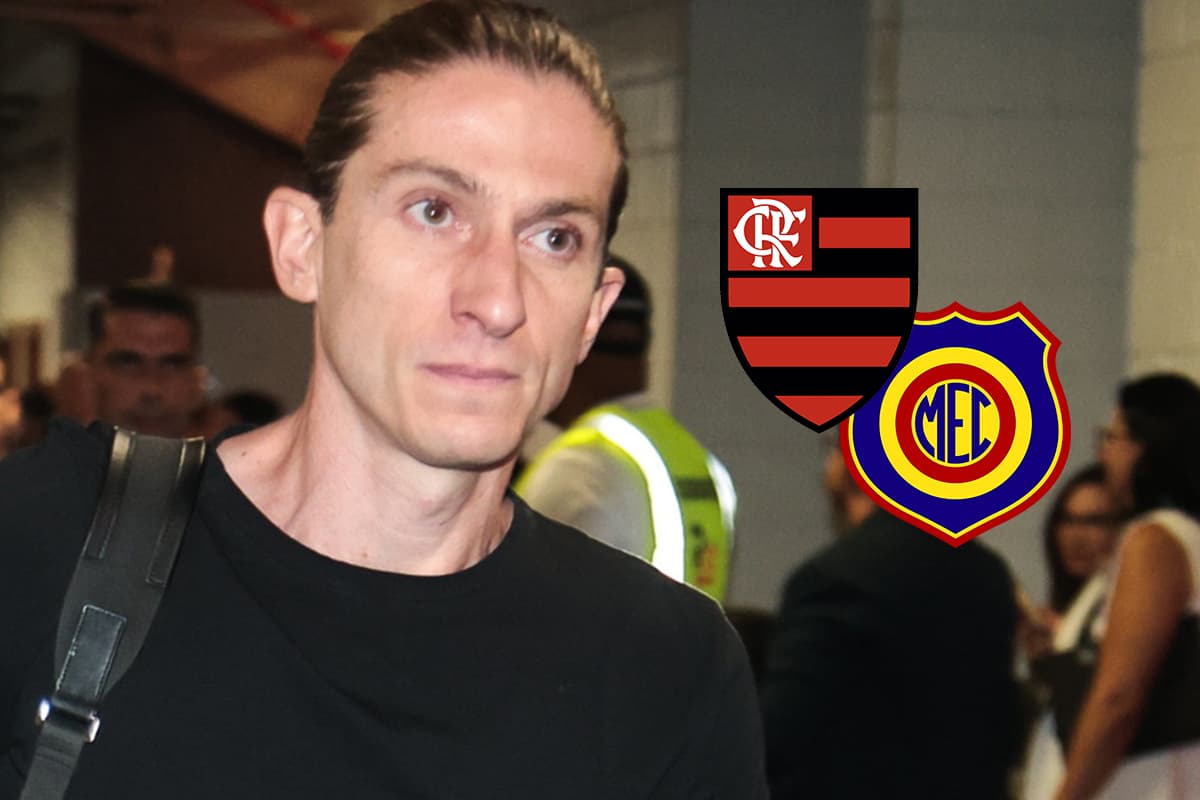 Filipe Luís ao lado dos escudos de Flamengo e Madureira