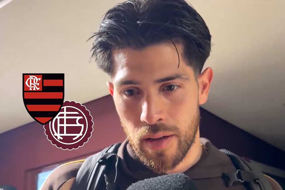 Rossi ao lado dos escudos de Flamengo e Lanús
