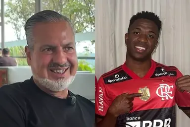 José Boto sorrindo durante entrevista ao "ge" e Vini Jr com a camisa do Flamengo de 2021