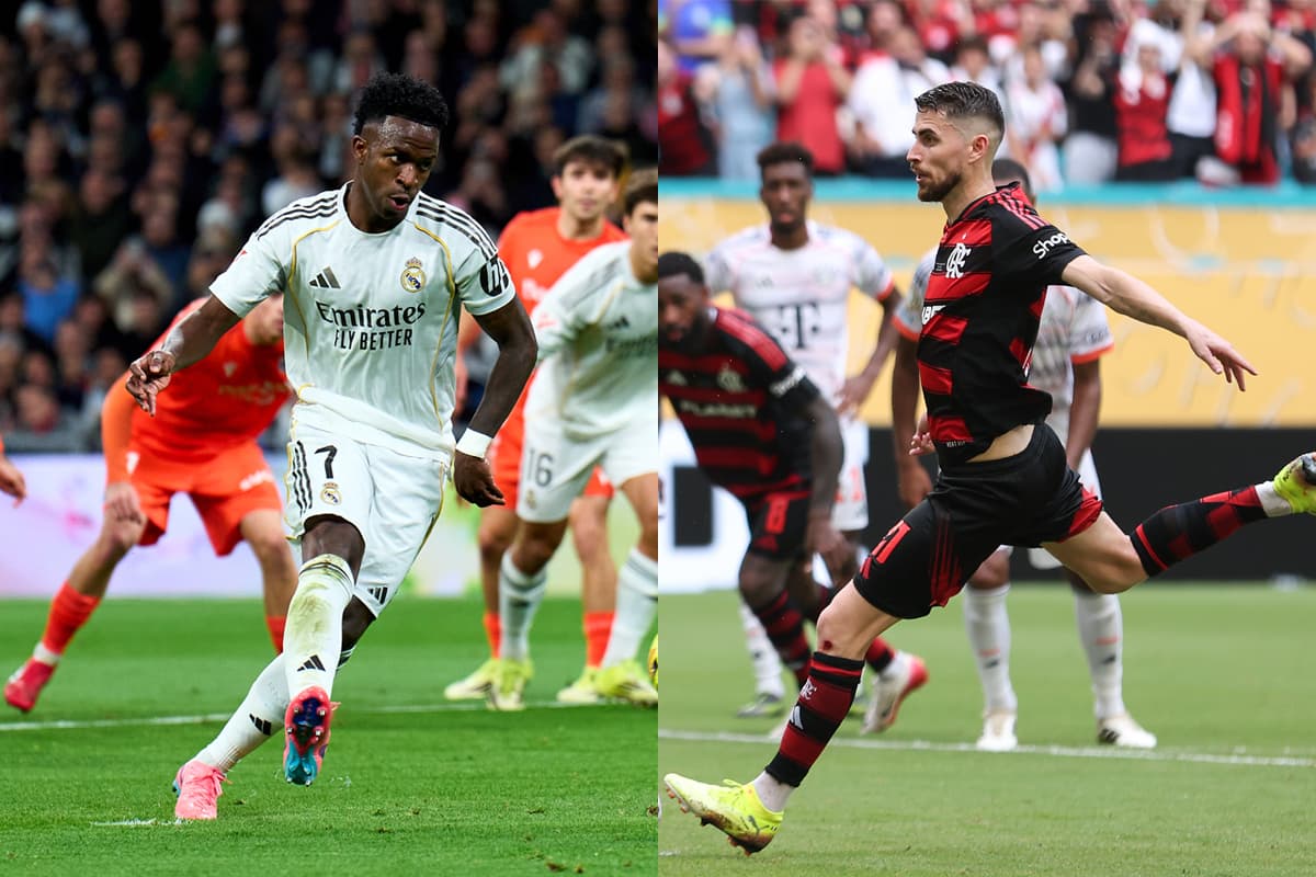 Vini Jr e Jorginho cobrando pênalti por Real Madrid e Flamengo