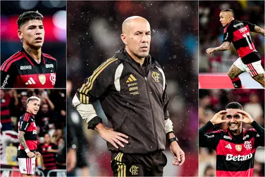 Montagem com fotos de Leonardo Jardim, Carrascal, Samuel Lino, Luiz Araújo e Cebolinha em Flamengo 3x0 Remo