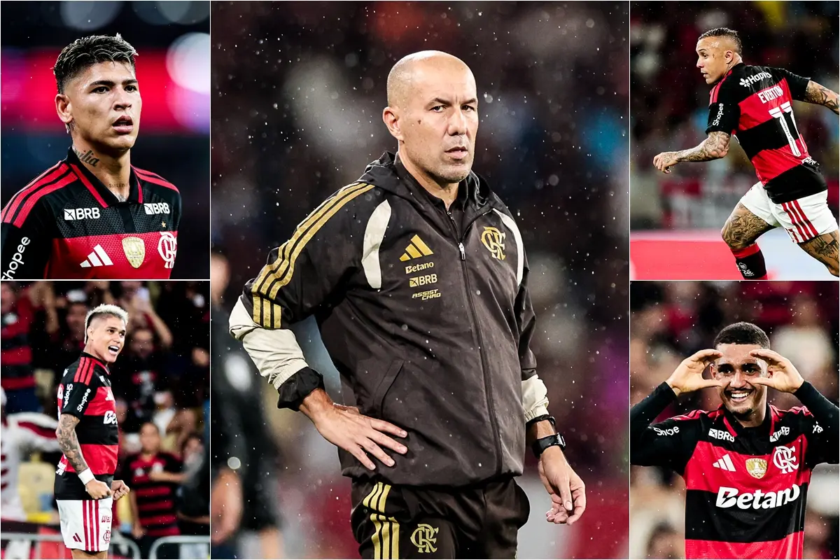 Montagem com fotos de Leonardo Jardim, Carrascal, Samuel Lino, Luiz Araújo e Cebolinha em Flamengo 3x0 Remo